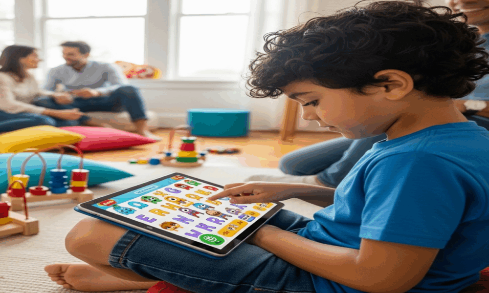 Enfant utilisant une application éducative interactive sur tablette