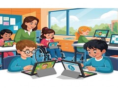 Enfants utilisant des applications éducatives accessibles en classe