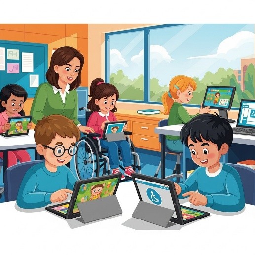 Enfants utilisant des applications éducatives accessibles en classe