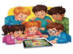 Des enfants collaborant sur une histoire interactive