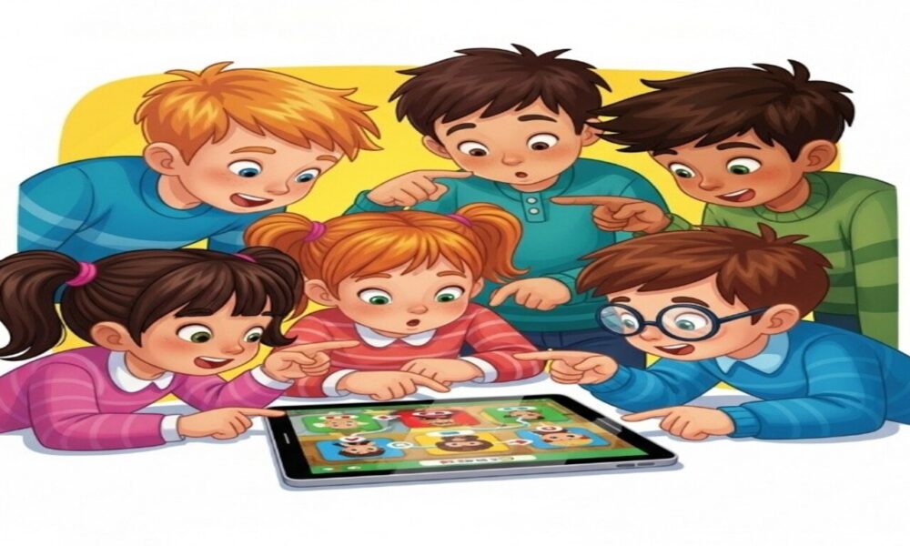 Des enfants collaborant sur une histoire interactive