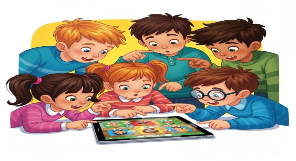 Des enfants collaborant sur une histoire interactive