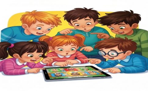 Des enfants collaborant sur une histoire interactive