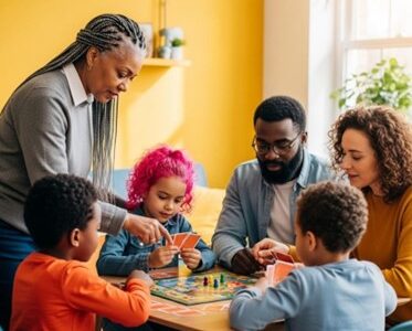 Une famille jouant à des jeux de société