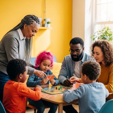 Une famille jouant à des jeux de société