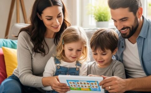 Une famille utilisant une tablette éducative