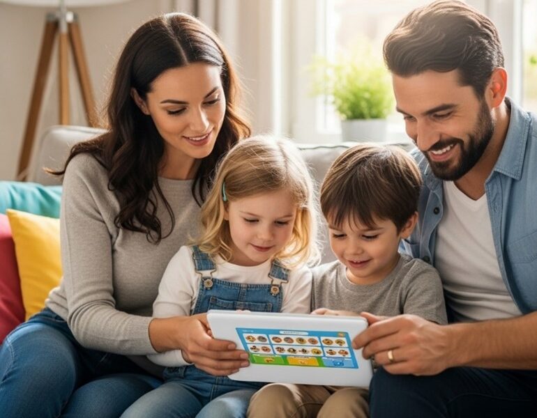 Une famille utilisant une tablette éducative