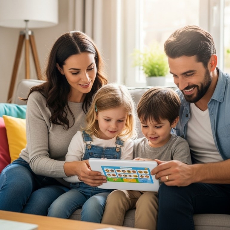 Une famille utilisant une tablette éducative