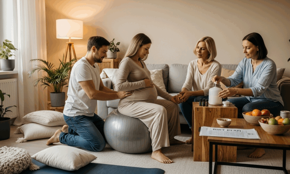 Femme enceinte préparant un accouchement naturel avec soutien familial