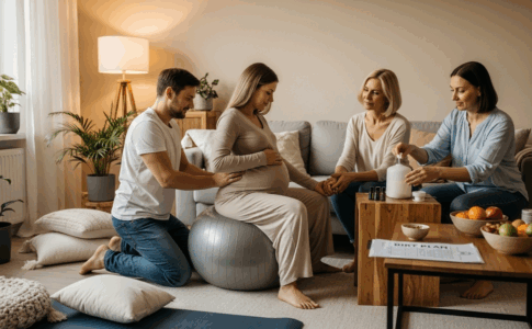 Femme enceinte préparant un accouchement naturel avec soutien familial