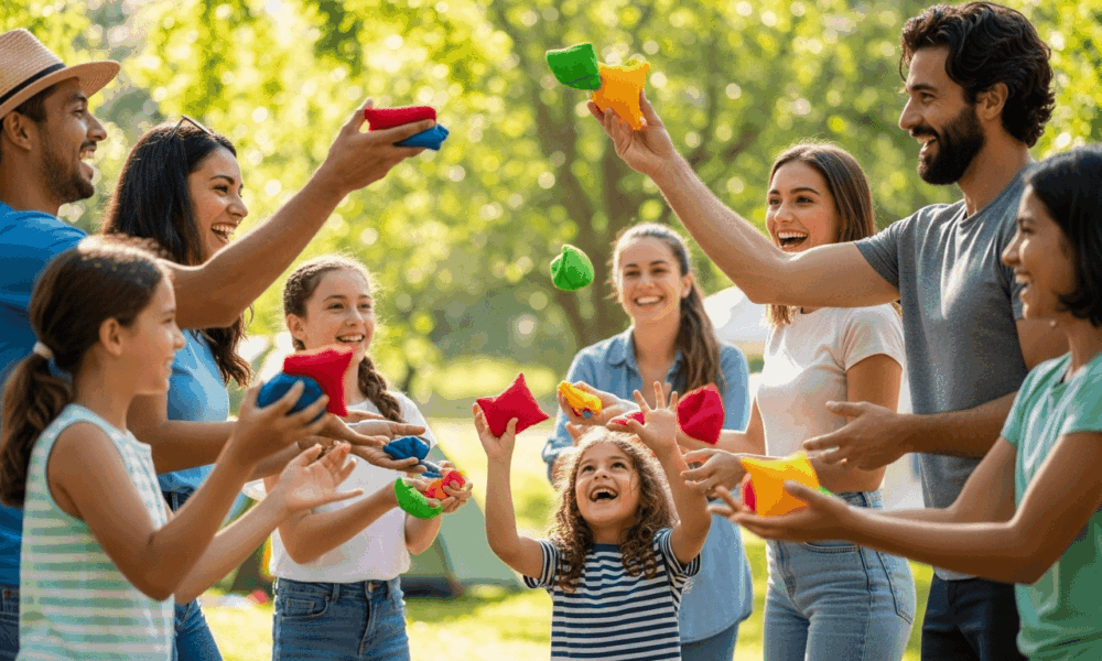Groupe d’enfants et d’adultes réunis en extérieur par une journée ensoleillée
