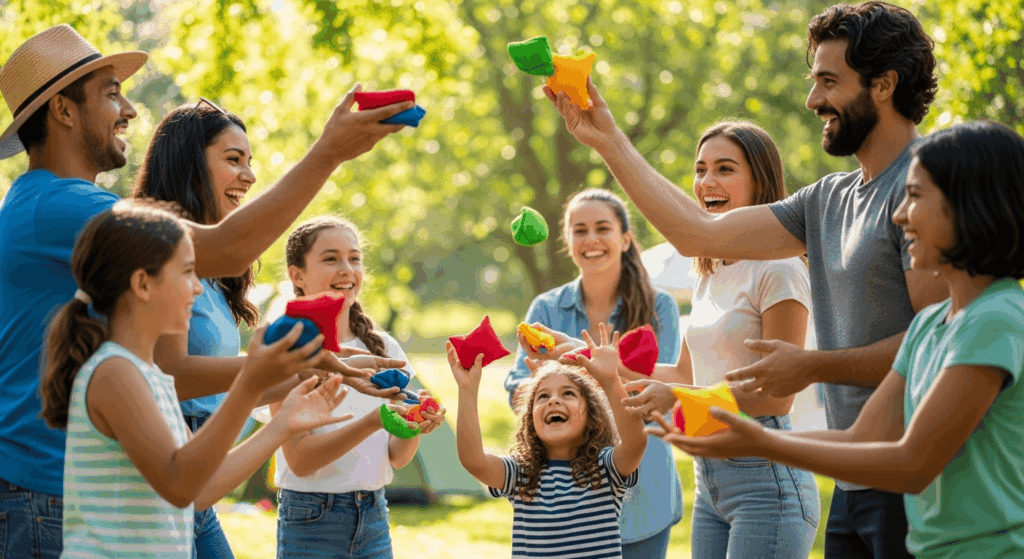 Groupe d’enfants et d’adultes réunis en extérieur par une journée ensoleillée