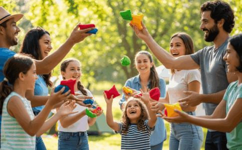 Groupe d’enfants et d’adultes réunis en extérieur par une journée ensoleillée
