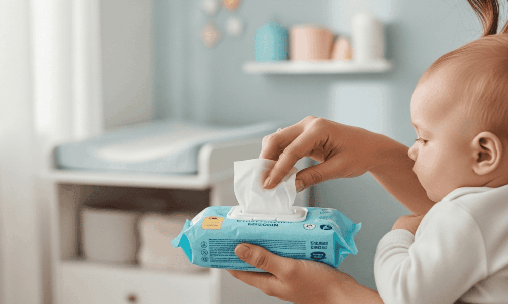 Maman utilisant des lingettes jetables