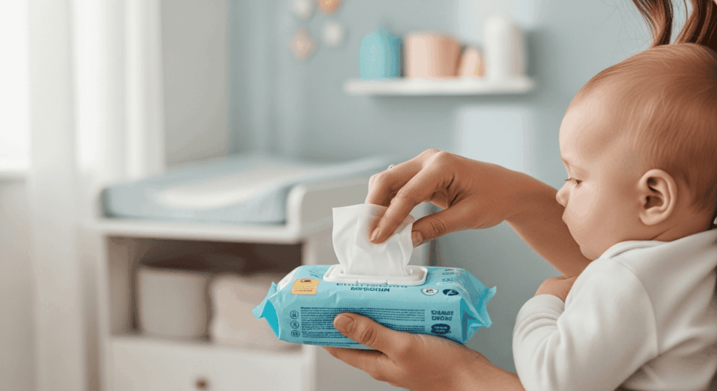 Maman utilisant des lingettes jetables