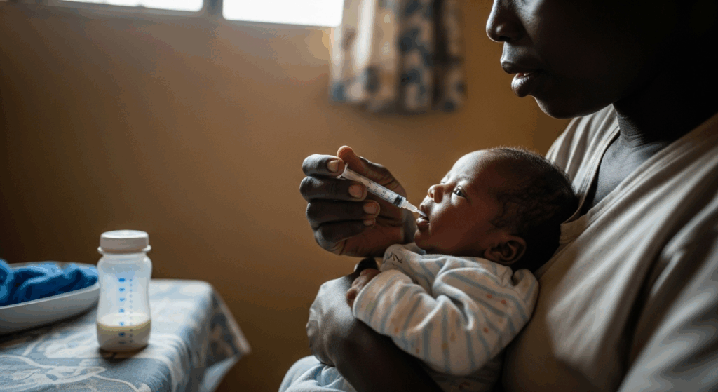 Nouveau-né africain recevant un traitement antipaludéen