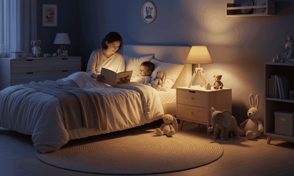 Parent lisant une histoire à un enfant avant le coucher