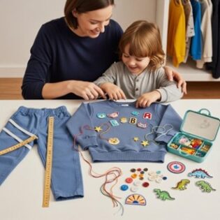 Parent et enfant personnalisant des vêtements ensemble
