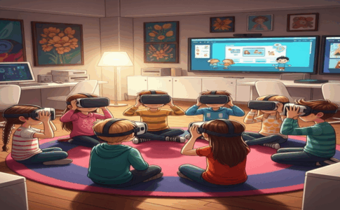 Enfants apprenant ensemble avec la réalité virtuelle
