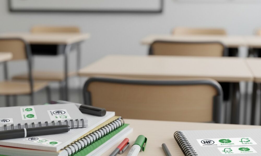 Table de classe avec fournitures scolaires
