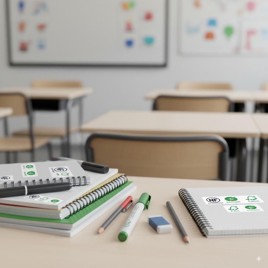 Table de classe avec fournitures scolaires