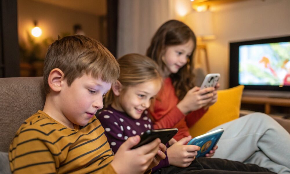 Des enfants devants leurs écrans de smartphone
