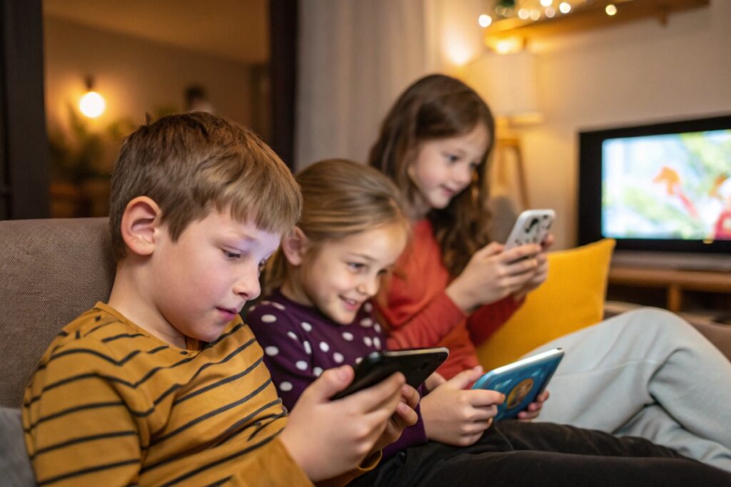 Des enfants devants leurs écrans de smartphone