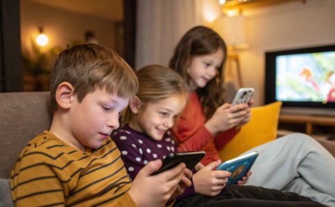 Des enfants devants leurs écrans de smartphone