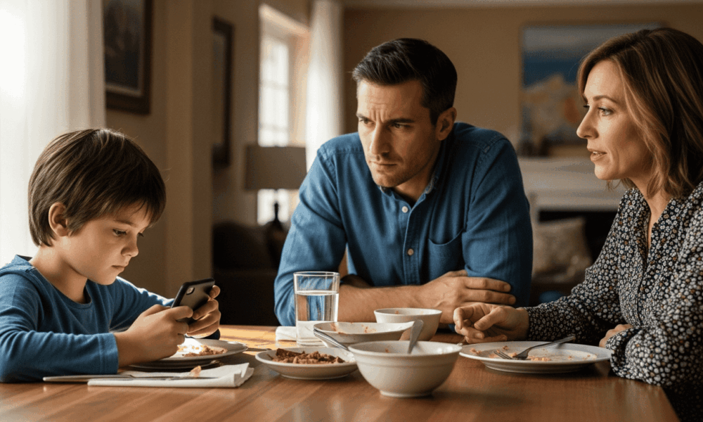 Un enfant assis à une table avec ses parents, tenant un smartphone