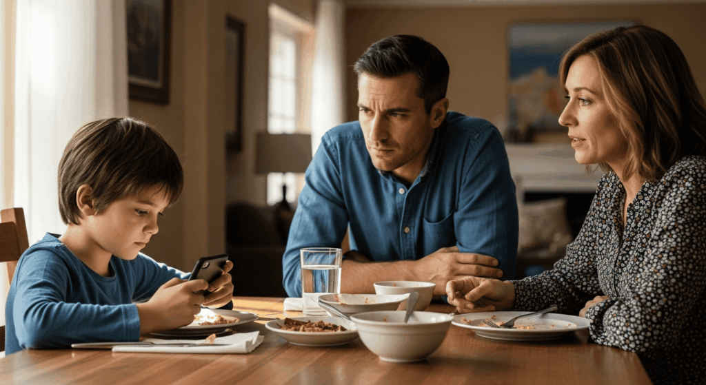 Un enfant assis à une table avec ses parents, tenant un smartphone