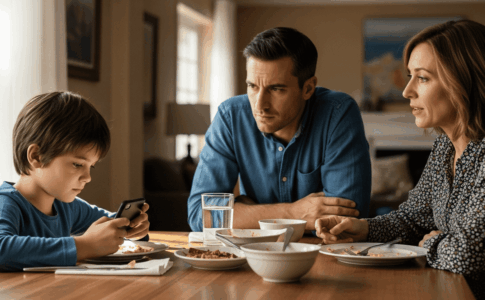 Un enfant assis à une table avec ses parents, tenant un smartphone