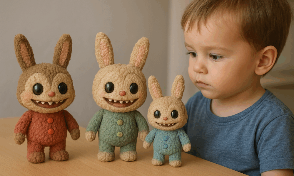 Un enfant jouant avec des peluches Labubu contrefaites
