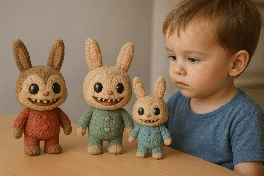 Un enfant jouant avec des peluches Labubu contrefaites