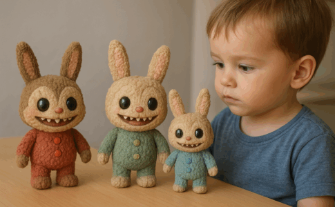 Un enfant jouant avec des peluches Labubu contrefaites