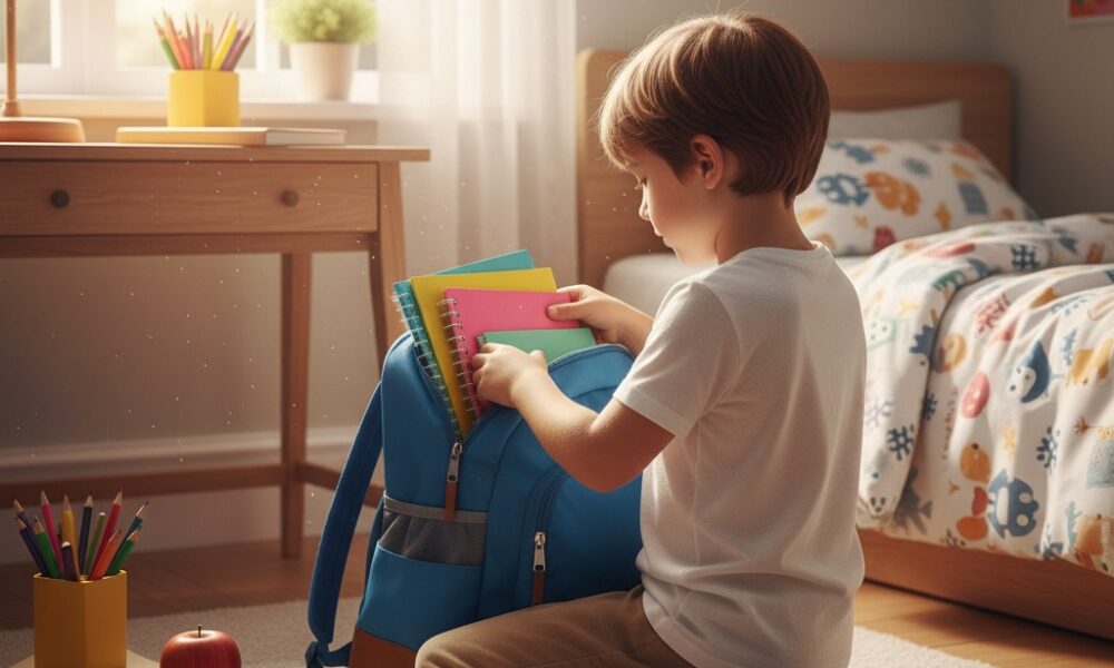 Un enfant préparant son cartable pour la rentrée scolaire