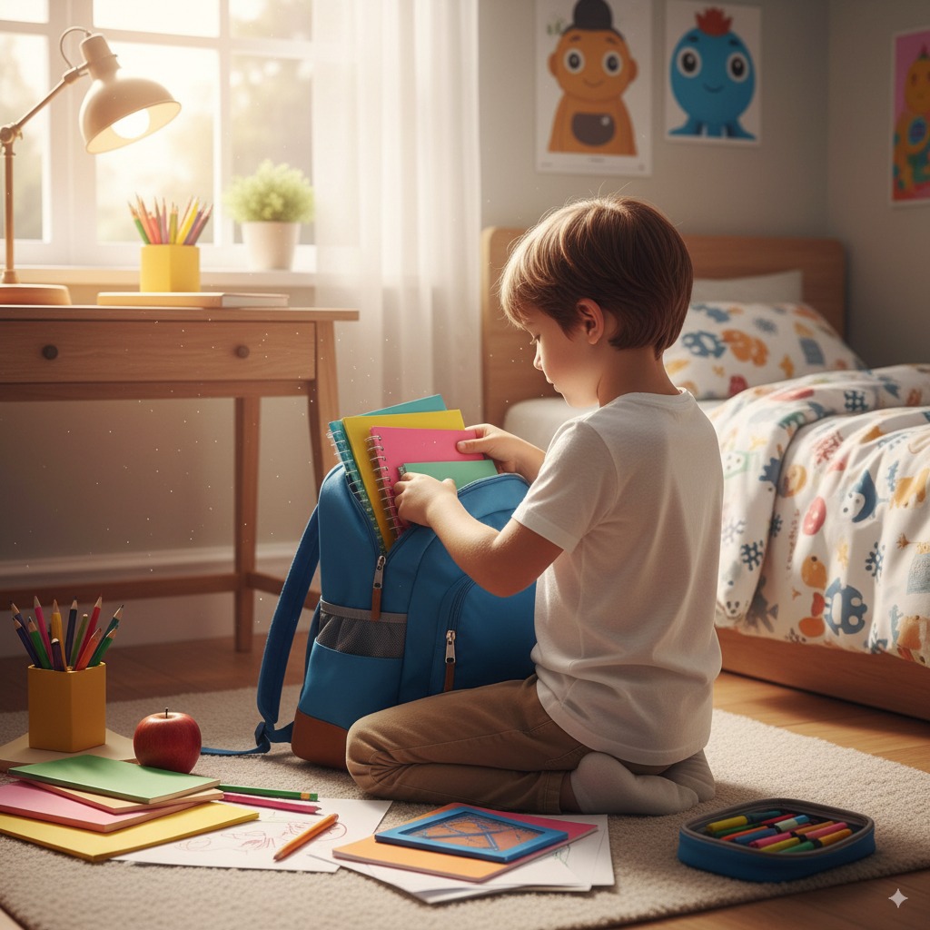 Un enfant préparant son cartable pour la rentrée scolaire