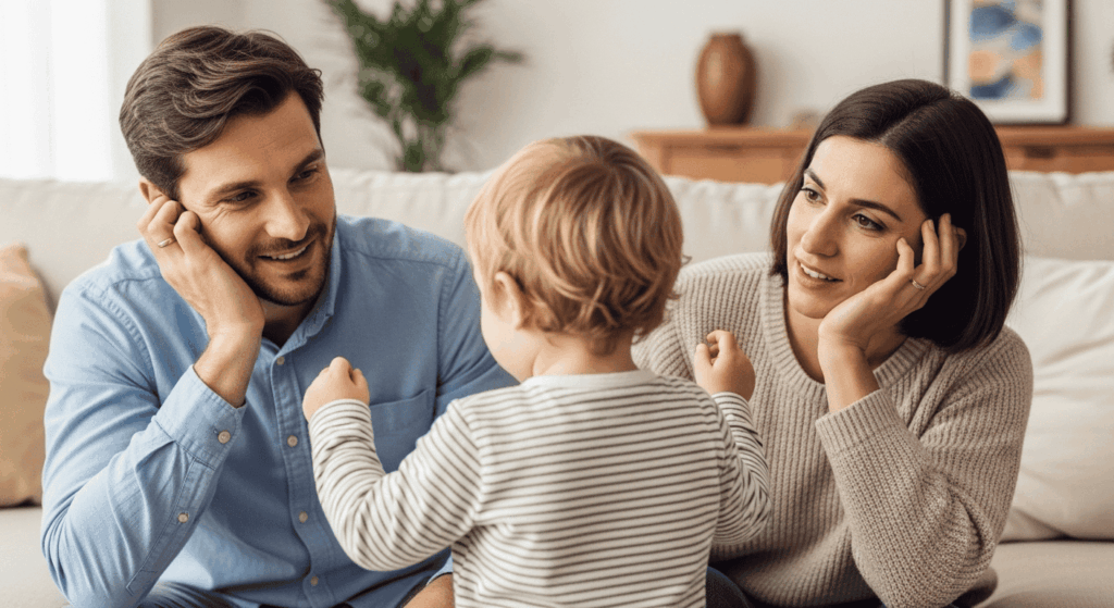 Enfant jouant sous le regard bienveillant des parents