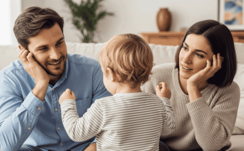 Enfant jouant sous le regard bienveillant des parents