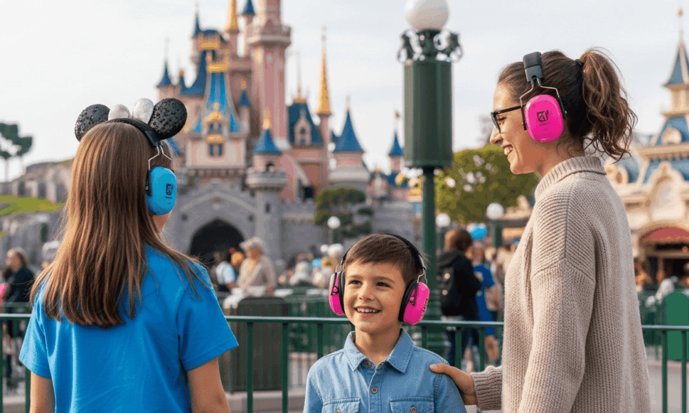 Une famille portant des casques anti bruits à Disneyland Paris
