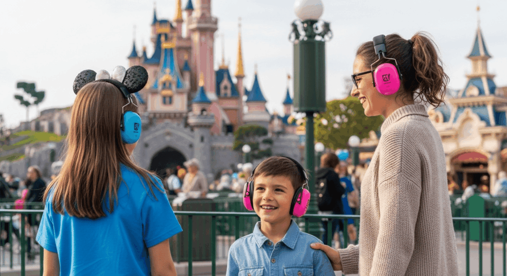 Une famille portant des casques anti bruits à Disneyland Paris