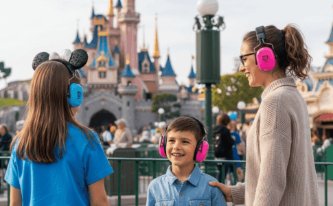 Une famille portant des casques anti bruits à Disneyland Paris