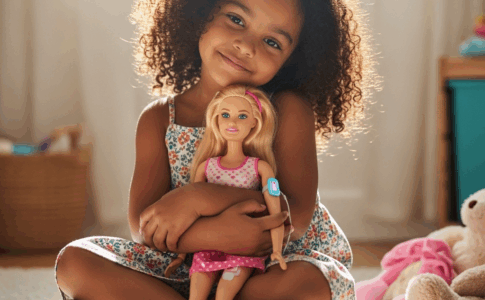 Une fillette tenant une Barbie atteinte de DT1