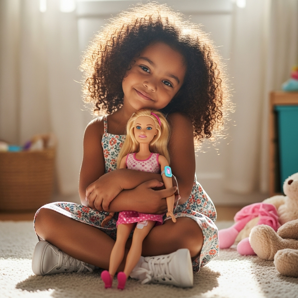 Une fillette tenant une Barbie atteinte de DT1