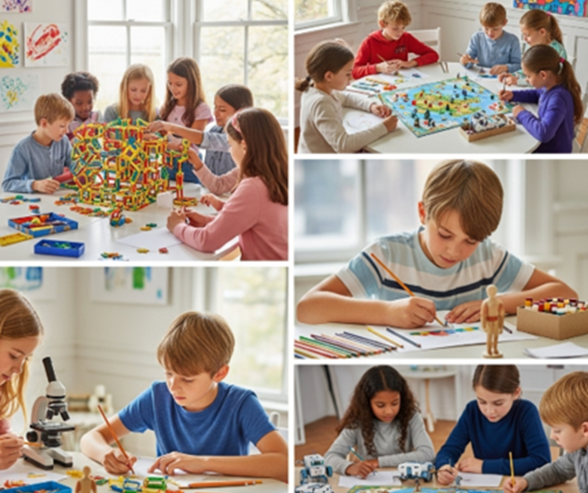 Des enfants avec des kits créatifs et des jeux éducatifs