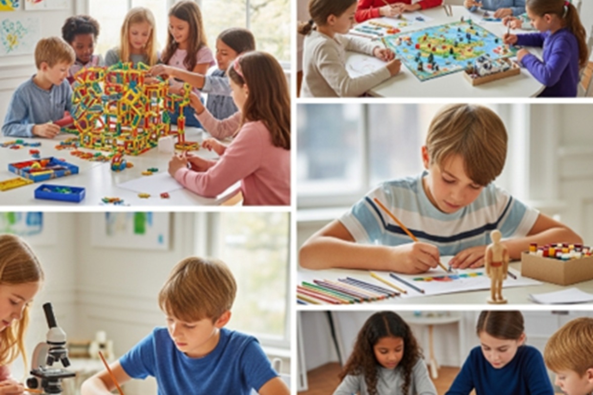 Des enfants avec des kits créatifs et des jeux éducatifs