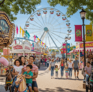 Des enfants avec leurs parents dans un parc d'attraction