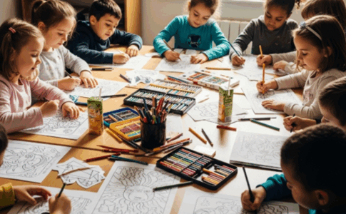 Des enfants faisant des activités de coloriage