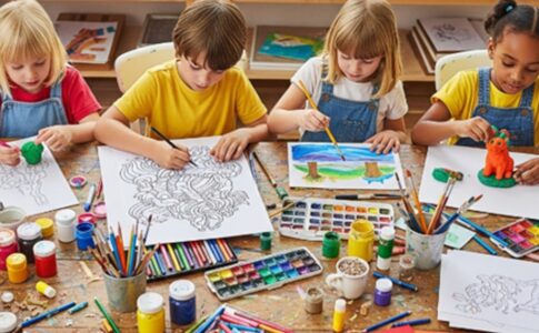 Des enfants faisant des activités de coloriage