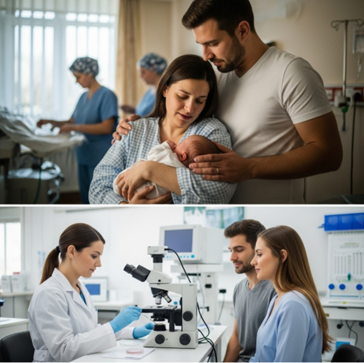 Des parents avec un nouveau-né et une consultation en laboratoire de PMA