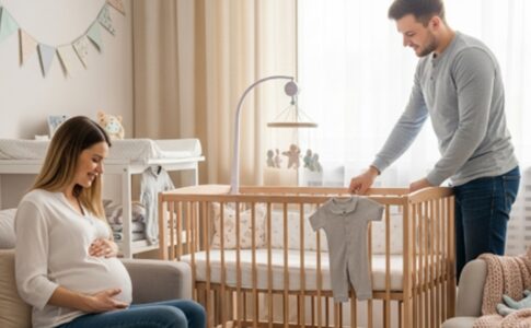 Des parents dans la chambre de leur futur bébé préparant la maternité